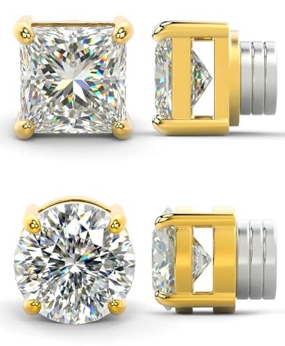 Magnetic Earrings for Men 5A Cubic Zirconia Stainless Steel Clip On Earring | 2 Pairs Fake Earrings Non Pierced Magnet Nose Stud Piercings for Women, 5/6/7/8MM Simulated Diamond, Gold/Silver/Black Color - color: Gold-Style Two-8mm