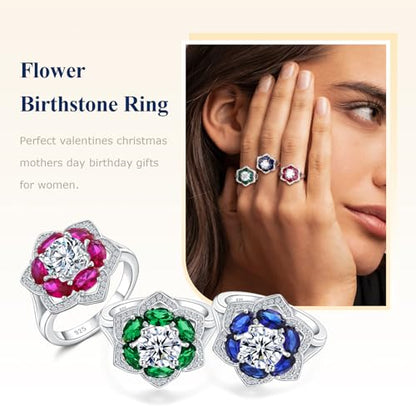 Flower Cocktail Ring for Women Stone Engagement Anniversary Rings | Sterling Silve|Hypoallergenic|Ruby|Sapphire|Emerald|Wedding and Birthday Party Women Statement Ring|Mother and Grandma Gift - color: Sapphire (Sep.)