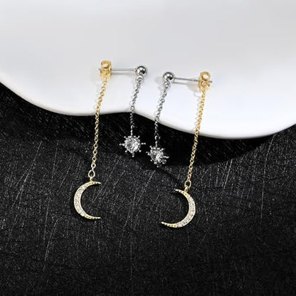 Moon and Star Dangle Earrings | Chain Tassel with Cubic Zirconia Drop Front and Back Earrings Celestial Jewelry for Wedding Gift - color: Silver and Gold