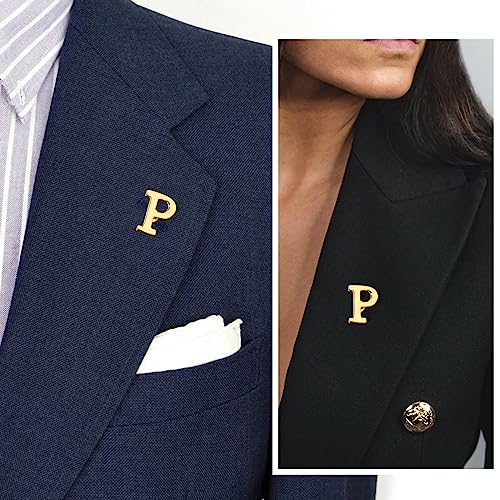 Initial Lapel Pin for Men Women, Brooch Pins for Men Suits, Metal Button Pins in 18K Gold and Silver Tone. - color: Gold-P