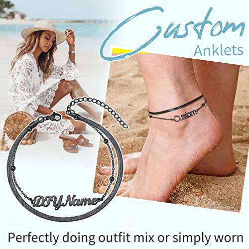 ChainsHouse Double Layer Anklet Bracelet for Women,Adjustable Chain Anklets Stackable Dainty Anklets,Stainless Steel/Gold Plated/Black Ankle Jewelry Gifts - color: C-Black-Snake Chain
