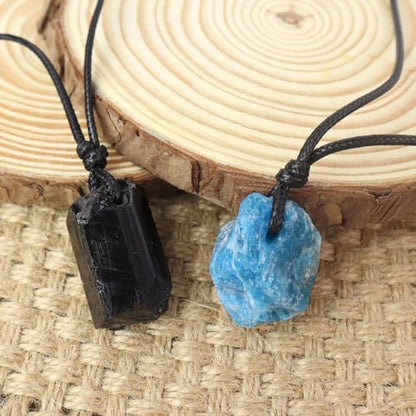 Natural Raw Crystal Necklace for Women Irregular Stone Necklaces Spiritual Gemstone Pendant with Adjustable Rope - color: E-Black Tourmaline+Blue apatite