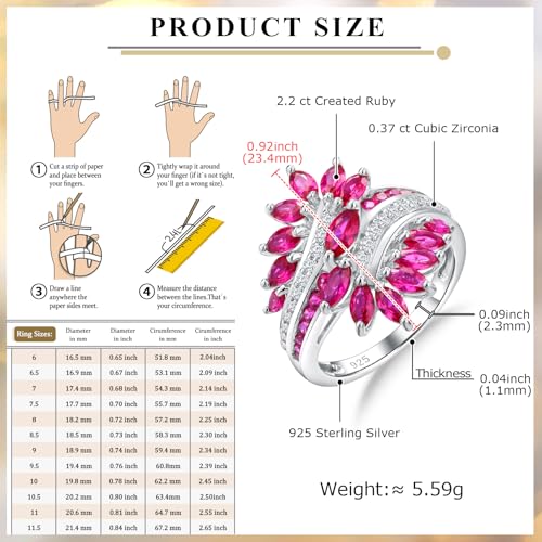 Statement Flower Ring Cocktail Leaf Ring Birthstone Anniversary Signet Ring | Hypoallergenic|14K Gold Plated|Sterling Silver Sparkling Engagement Promise Party Ring for Women, Size 6 to 10(With Box) - color: Leaf -White Gold Ruby