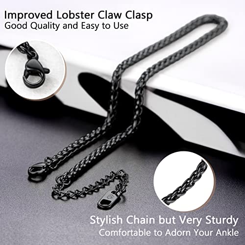 PROSTEEL Ankle Bracelets for Women, Silver/Gold/Black, Waterproof Anklets | Waterproof, Stainless Steel, Summer Beach Jewelry, Durable & No Tarnish, Come with Gift Box, 8-10.5" Adjustable, Plus Size - color: G: black-rope chain-3mm
