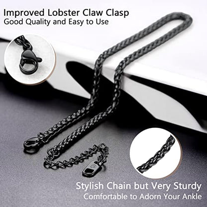 PROSTEEL Ankle Bracelets for Women, Silver/Gold/Black, Waterproof Anklets | Waterproof, Stainless Steel, Summer Beach Jewelry, Durable & No Tarnish, Come with Gift Box, 8-10.5" Adjustable, Plus Size - color: G: black-rope chain-3mm