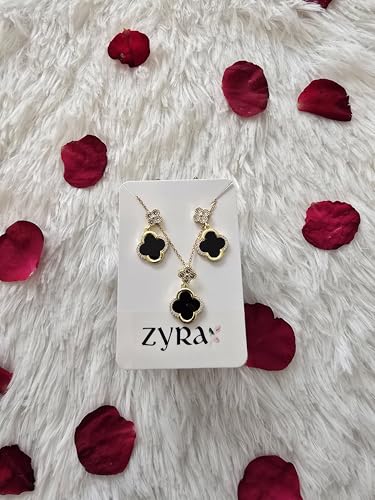ZYRA Gold Plated Clover Four Leaf Necklace Pendant and Earrings for Women Clover Set Jewelry Gifts for Women - color: Black Gold