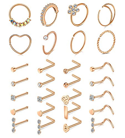 Mayhoop 20g Nose Rings Hoops And Studs For Women Men - Hypoallergenic 316L Surgical Stainless Steel L Shape Nose Screw Bone Silver Rose Gold Black Rainbow Pack 28Pcs - color: 3#Rose-gold