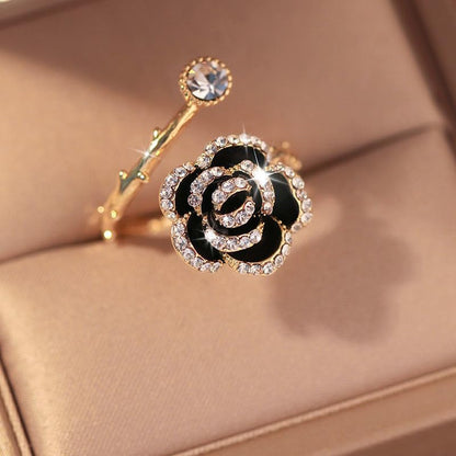 Flower Open Statement Rings for Women, Exquisite Cubic Zirconia Sterling Silver Stacking Ring Adjustable Open Ring,Fashion Jewelry Gifts,Suitable For Women Daily and Wedding Wear, Gifts For Your Wife - color: Black