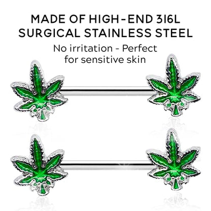 14G Nipple Piercing Surgical Stainless-Steel Set of 2 Barbell Marijuana Weed Cute Nipple Rings Nipple Piercing Jewelry for Women - 9/16" Barbell