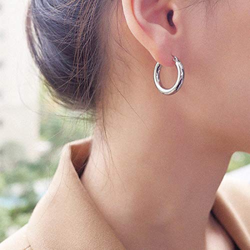 sovesi Chunky Hoop Earrings for Women, 14K Gold Plated Thick Hoops | 5mm Thick Hollow Tube Chunky Lightweight Hypoallergenic Hoop Earrings for Women - style: Silver and Rose Gold 25MM