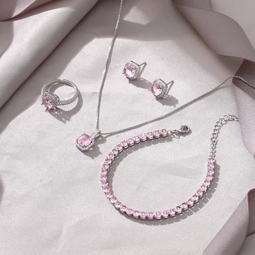EVER FAITH Wedding Jewelry Set for Bride Bridesmaid, Glamour Teardrop Cubic Zirconia Pendant Necklace Earrings Tennis Bracelet Open Ring Sets for Birthday/Valentine's Day/Mother's Day/Christmas - color: B_Pink