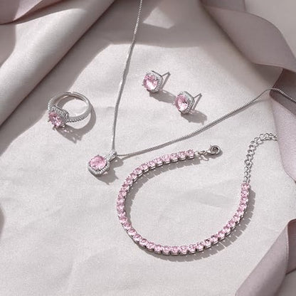 EVER FAITH Wedding Jewelry Set for Bride Bridesmaid, Glamour Teardrop Cubic Zirconia Pendant Necklace Earrings Tennis Bracelet Open Ring Sets for Birthday/Valentine's Day/Mother's Day/Christmas - color: B_Pink