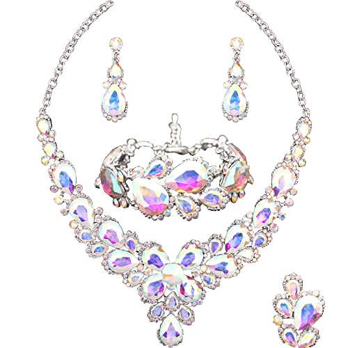 Women's Wedding Bridal Austrian Crystal Glass Teardrop Statement Necklace Dangle Earrings Bracelet Ring Wedding Party Jewelry Set for Bridal Bridesmaid - color: AB Crystal-Platinum Plated