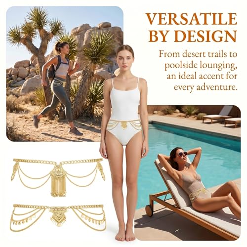 BRBASAP 2 PCS Belly Dancer Waist Chain Vintage Layered Gold Silver Tone Body Jewelry Egyptian Beaded Belt for Women Dancing Beach Bikini Dress Accessories