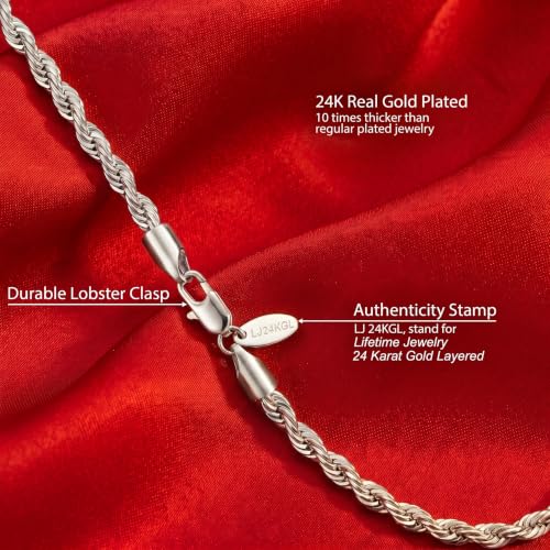 LIFETIME JEWELRY Womens Gold Anklet 5mm Rope Chain Ankle Bracelet 24k Real Gold Plated - color: White Gold