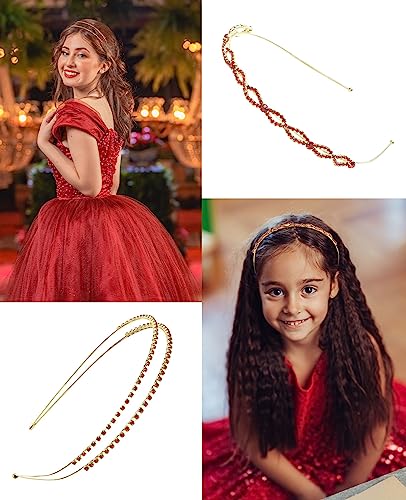 Wecoe 4 Pack Red Rhinestone Headband Flower Girl Bridal Wedding Headband Crystal Headpiece Flower Leaf Butterfly Metal Hairband Girls Hair Accessories For Women Girls Gifts - color: Gold band & red rhinestones