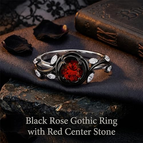 Jeulia Gothic Thorn Rose Ring, Round Cut Red Gemstone Engagement Ring, Two-Tone Black & Silver Statement Ring, S925 Sterling Silver Floral Promise Jewelry for Women