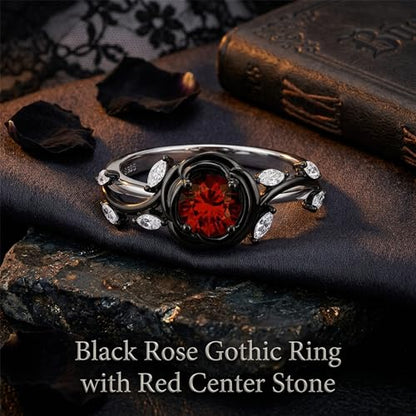 Jeulia Gothic Thorn Rose Ring, Round Cut Red Gemstone Engagement Ring, Two-Tone Black & Silver Statement Ring, S925 Sterling Silver Floral Promise Jewelry for Women