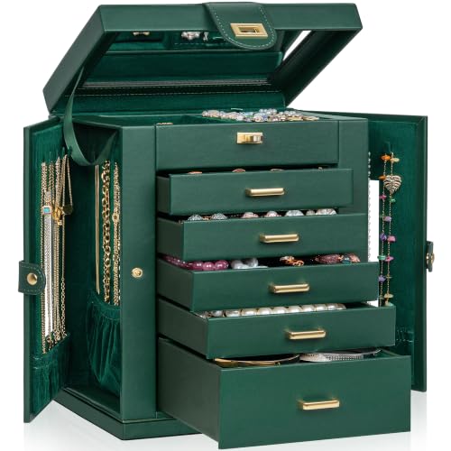 AKOZLIN 6-Tier Jewelry Box Organizer Functional 5 Drawers Leather Jewelry Storage Case for Women Girls Ring Necklace Earring Bracelet Holder Organizer with Mirror Green 360° Rotating - color: Forest Green, size: S-Medium