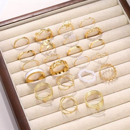 Chunky Gold Rings for Women Non Tarnish, Baroque Pearl Flower Tiger's Eye Stone Rings Adjustable Stacking Statement Rings Set Fashion Jewelry Gifts - style: Enamel/flower/small pearl