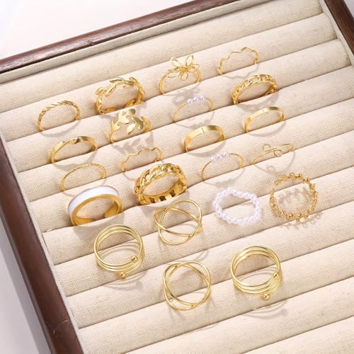 Chunky Gold Rings for Women Non Tarnish, Baroque Pearl Flower Tiger's Eye Stone Rings Adjustable Stacking Statement Rings Set Fashion Jewelry Gifts - style: Enamel/flower/small pearl