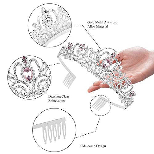 COCIDE Silver Tiara Crowns Crystal Headband Princess Rhinestone Crown with Combs Bride Headbands Bridal Wedding Prom Birthday Party Pink Hair Accessories Jewelry for Women and Girls - color: TF Silver+Clear&Pink