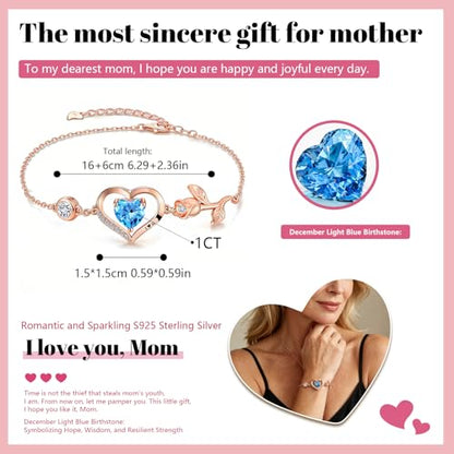 1CT Rose Heart Birthstone Bracelet for Women Love Gift - style: 03/12-Mar/Dec Light Blue Rose Gold