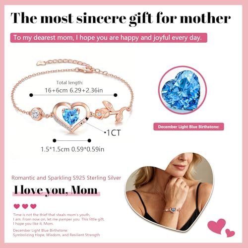 1CT Rose Heart Birthstone Bracelet for Women Love Gift - style: 03/12-Mar/Dec Light Blue Rose Gold