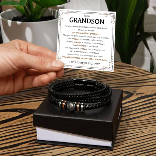 To My GrandSon Bracelet – Love You Forever Braided Leather Bracelet, Meaningful GrandSon Gift from Grandpa & Grandma with Heartfelt Message Card & Elegant Gift Box for Birthday, Christmas - color: Version#8