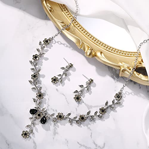 Women's Wedding Jewelry Set for Bride,Prom Bridal Accessories | Bling Crystal,Flower Leaf Cluster,Dangle Earrings Pendant Necklace Set,for Bridesmaid,Party Jewellery - color: 02-Black Silver-Tone