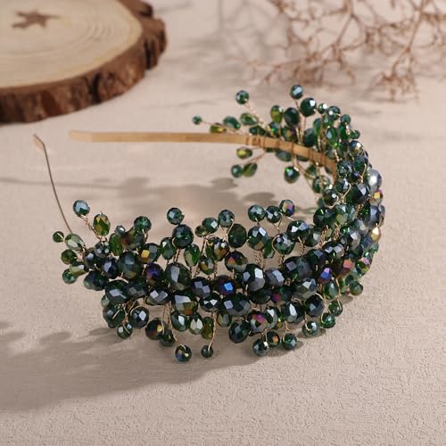 Denifery Large Crystal Headband for Wedding Bridal Hair Band Headpiece for Party Prom Hair Accessories (green) - color: green