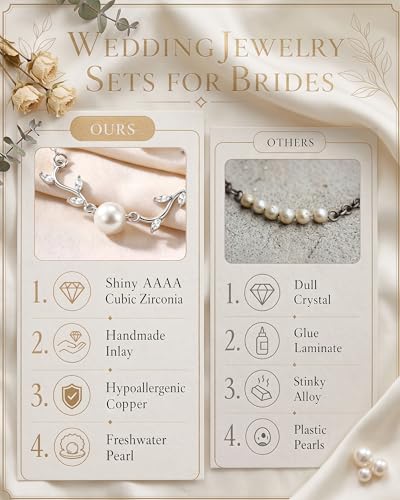 3Pcs 14K Gold Plated Pearl Bridal Jewelry Set for Women | Pearl necklace, drop earrings and bracelet set with cubic zirconia for bride bridesmaid wedding prom and party accessories - color: Silver Plated-3CZ-Pearl