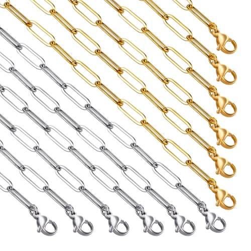 12 Pack Paperclip Necklace Chain for Jewelry Making 18 Inches | Gold Plated Stainless Steel Necklace Chains Bulk with 2 Inch Extension Chains for Crafts Jewelry Making Supplies - color: 4*12mm Gold and Steel Color, size: 18Inch