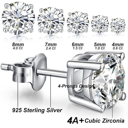 Jiamiaoi 18K White Gold Plated Stud Earrings 925 Sterling Silver Round and Square Cut Princess Cut 5A+ Cubic Zirconia Stud Earrings 4mm to 8mm Fashion Jewelry for Men Women - color: A-Round Cut-Silver, size: 8mm