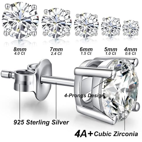 Jiamiaoi 18K White Gold Plated Stud Earrings 925 Sterling Silver Round and Square Cut Princess Cut 5A+ Cubic Zirconia Stud Earrings 4mm to 8mm Fashion Jewelry for Men Women - color: A-Round Cut-Silver, size: 8mm