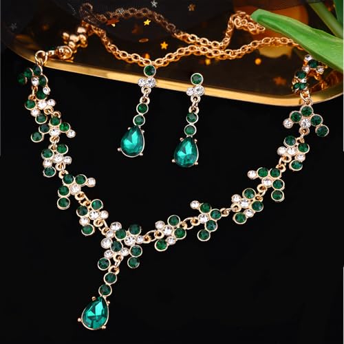 Crystal Crown and Tiara Jewelry Set for Women Bride with Necklace Earrings | Metal Rhinestone Royal Queen Princess Jewelry Set Wedding Quinceanera Pageant Prom Birthday Halloween Party Costume Gift - color: Green