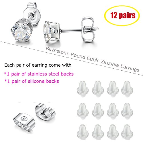 LOYALLOOK 12 Pairs Stainless Steel Cubic Zirconia Stud Earrings, Brilliant Cut Round CZ Earrings set, Birthstone Stud Earrings for Women - style: 4#: 7mm 12 pairs