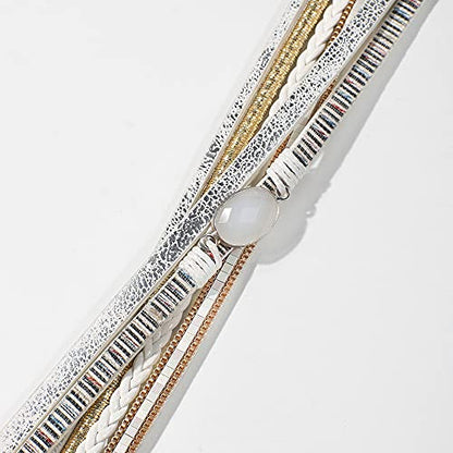 Vercret Leather Wrap Bracelet for Women, Multi-Layer Cuff Bangle | Boho Stacked Bracelets with Safe Clasp Western Bangle Jewelry Gift for Lady and Mom Sister Friend - style: White Leather Bracelet