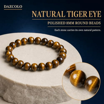 8mm Natural Crystal Stretch Bracelet | Handmade Round Stone Bead Bracelet, Runs Large, Meditation Yoga Gift for Women & Men - color: Golden Tiger Eye