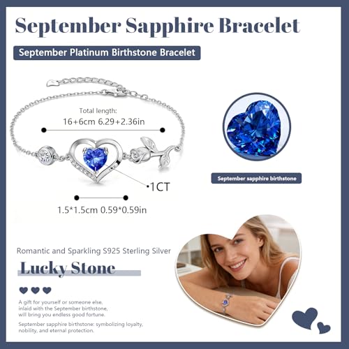 1CT Rose Heart Birthstone Bracelet for Women Love Gift - style: 09-Sept Sapphire Silver