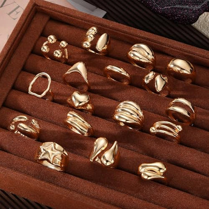 IFKM Gold Chunky Rings Set for Women 14k Gold Plated Thick Dome Stackable Open Rings Trendy Dainty Minimalist Jewelry Gifts - color: Gold, style: 17pcs Fashion