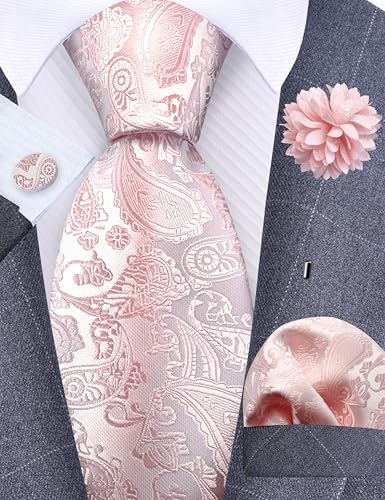 GUSLESON 3.15"（8cm） Mens Paisley Tie and Lapel Pin Necktie Hankerchief Cufflinks Set for Men - color: Blush Pink