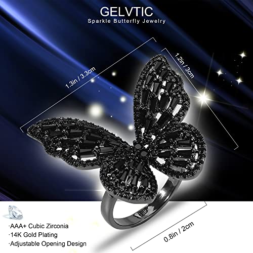 Butterfly Rings for Women Adjustable Golden Cocktail Ring Sparkly Stones Statement Silver Bow Open Wrap Bow Jewelry Bridesmaids Wedding Valentine’s Day Gift Lover Mother - color: JZ03-Black