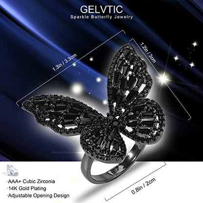 Butterfly Rings for Women Adjustable Golden Cocktail Ring Sparkly Stones Statement Silver Bow Open Wrap Bow Jewelry Bridesmaids Wedding Valentine’s Day Gift Lover Mother - color: JZ03-Black