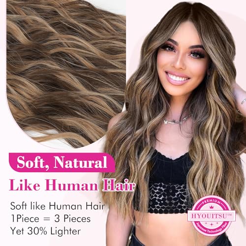 REECHO Clip in Hair Extensions, 20” One Piece Hair Extension Clip in Wefts Long Thick Beach Wavy Natural Soft Synthetic Hairpieces for Women, Chocolate Brown with Blonde Highlights - color: Chocolate Brown with Blonde Highlights - Wavy, size: 20 Inch (Pac