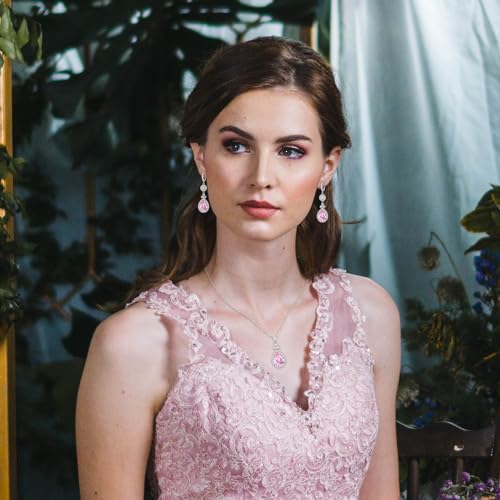Crysdue Wedding Bridal Teardrop CZ Pendant Necklace Open Ring Dangle Earrings Adjustable Slider Bracelet Jewelry Set, Birthday Mothers Day Christmas Jewellery Gift for Women/Mom/Wife - style: 03-4 pcs Round&Teardrop- Pink Silver-Tone