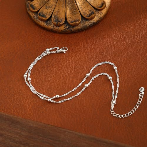 Gold Ankle Bracelets for Women Waterproof, 14K Gold/Silver Plated Layered Beaded Heart Anklets for Women Trendy Dainty Cuban Link Chain Anklets Set Summer Beach Jewelry Gift