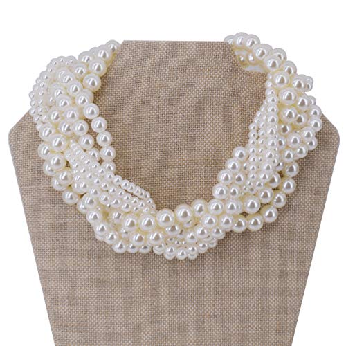 utop JNF Hand made Pearl Statement Necklace for Women Rhinestone Multilayer Crystal Necklaces Chunky Pearl Necklace Large Pearl Necklace and Earrings Set for Mother Mom's gift - color: white pearl choker necklaces
