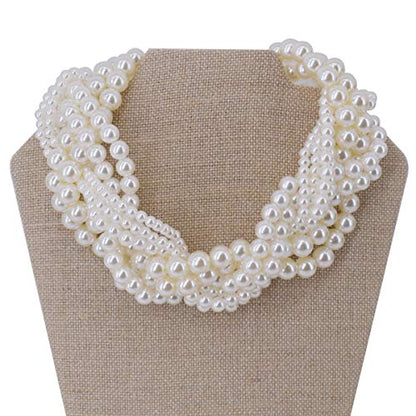 utop JNF Hand made Pearl Statement Necklace for Women Rhinestone Multilayer Crystal Necklaces Chunky Pearl Necklace Large Pearl Necklace and Earrings Set for Mother Mom's gift - color: white pearl choker necklaces