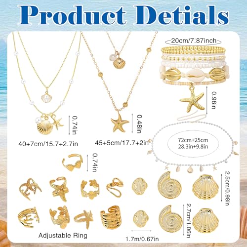 Boho Beach Jewelry Sets for Women | Summer Seashell Starfish Accessories, Necklace, Earrings, Rings Anklet - style: 24pcs Ocean Beach Set